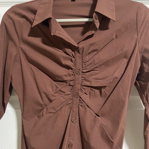 Ruched Front Button Down Top - Brown - Picture 6 of 8